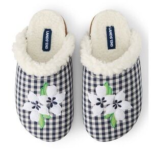 Lands' End Navy Gingham Floral Sherpa Mules